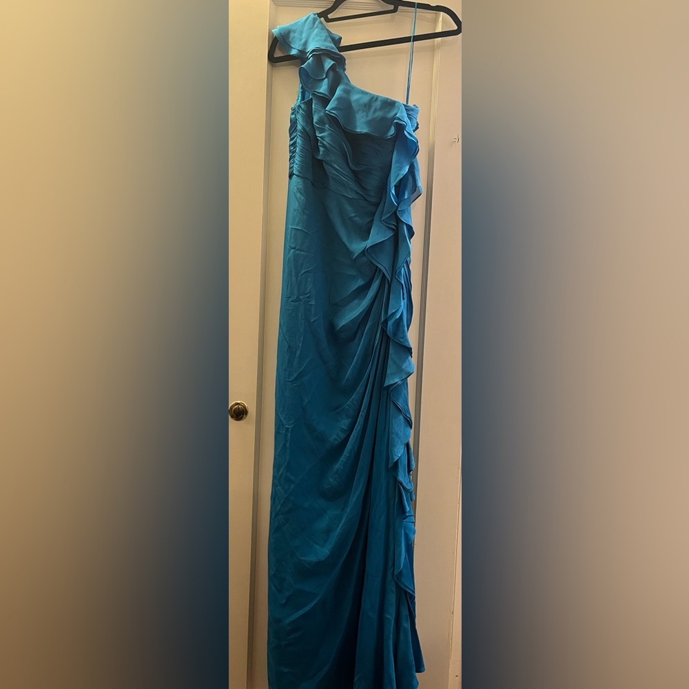 Badgley Mischka blue one shoulder ruffle gown